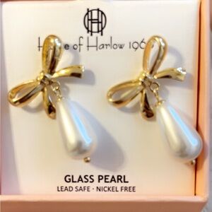 House of Harlow 1960 Gold Bow Earrings with Pearl Drops